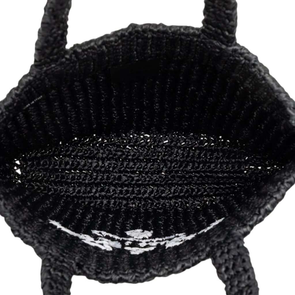 Prada Small Raffia Effect Crochet Embroidered Logo Tote Black Very good - Model View