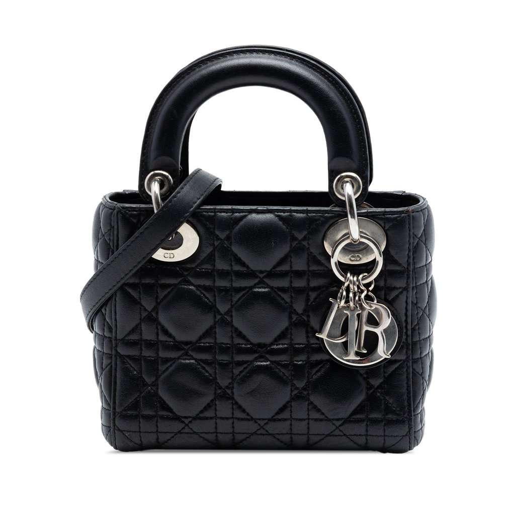Dior Mini Lambskin Cannage Lady Dior Black Leather Very good condition - Front View