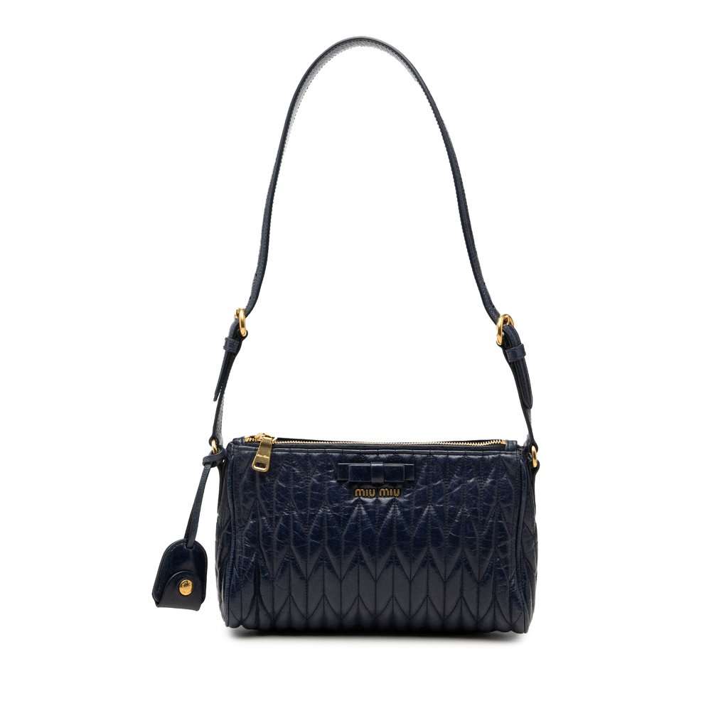 Miu Miu Matelasse Nappa Bow Shoulder Bag Blue Leather Very good condition - Front View