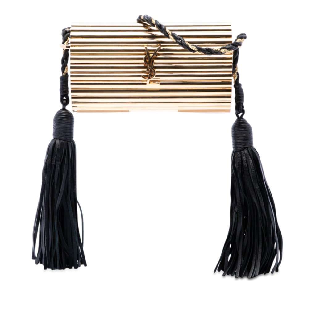 Saint Laurent Ribbed Acrylic and Lambskin Fringe Monogram Opium Box Bag Gold Plastic Very good condition - Front View
