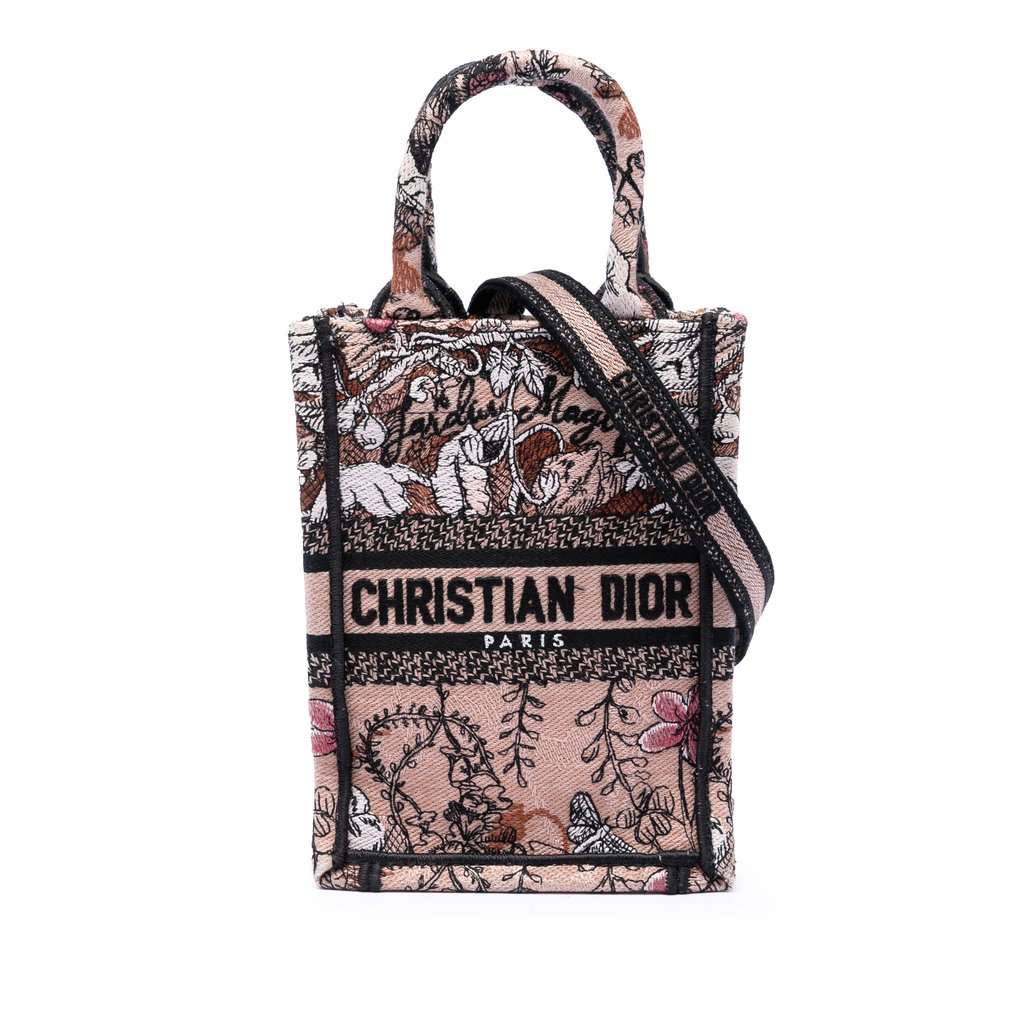 Dior Mini Embroidered Canvas Jardin Magique Vertical Book Tote Pink Very good condition - Front View