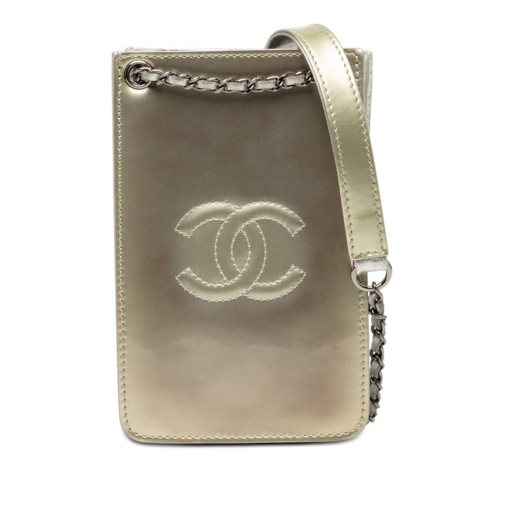 Chanel CC Patent Phone Holder Crossbody Gold Leather Very good condition - Front View
