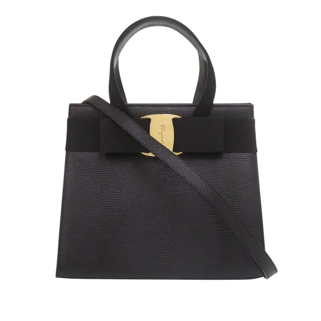 Salvatore Ferragamo Lizard Embossed Leather Vara Bow Satchel Black Leather Very good condition - Front View