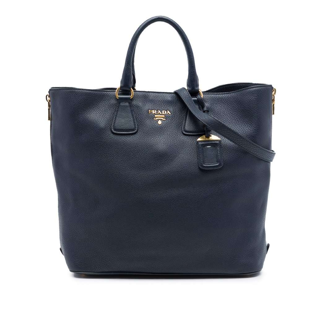 Prada Vitello Daino Side Zip Open Convertible Tote Blue Leather Very good - Front View