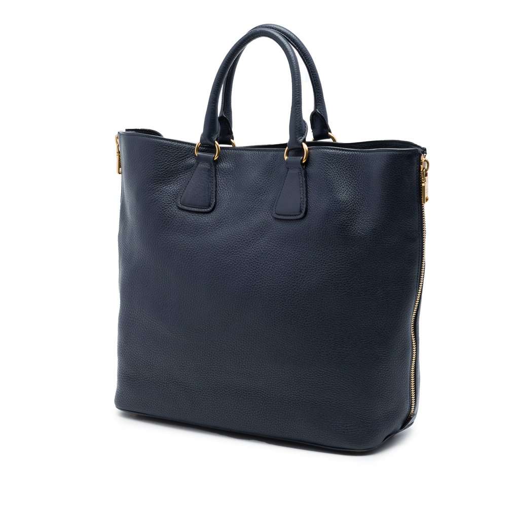 Prada Vitello Daino Side Zip Open Convertible Tote Blue Leather Very good - Back View
