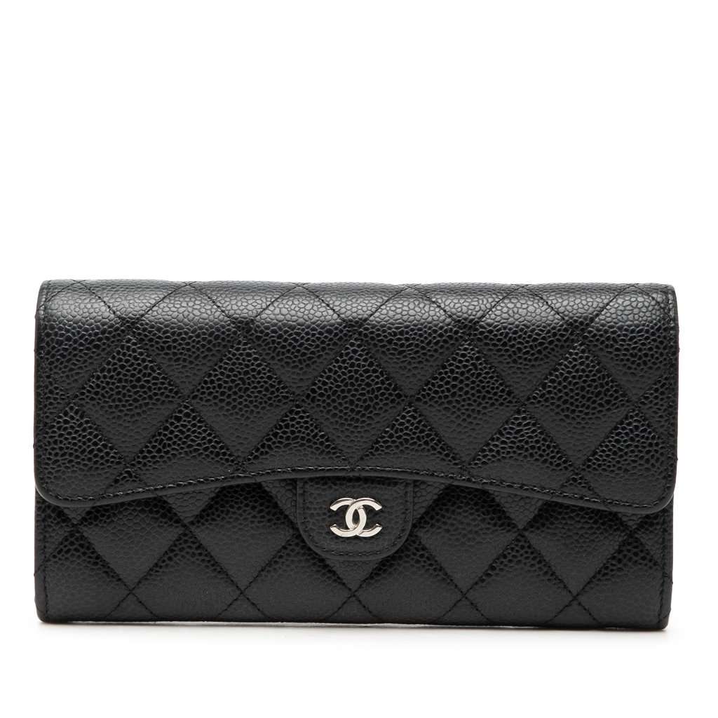 Chanel CC Quilted Caviar Classic Flap Wallet Black Leather Very good - Front View