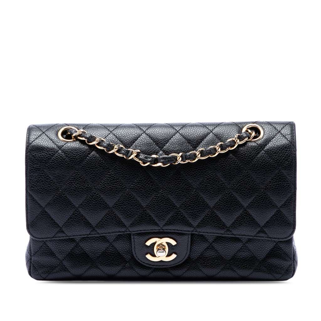 Chanel Medium Classic Caviar Double Flap Black Leather Very good - Front View