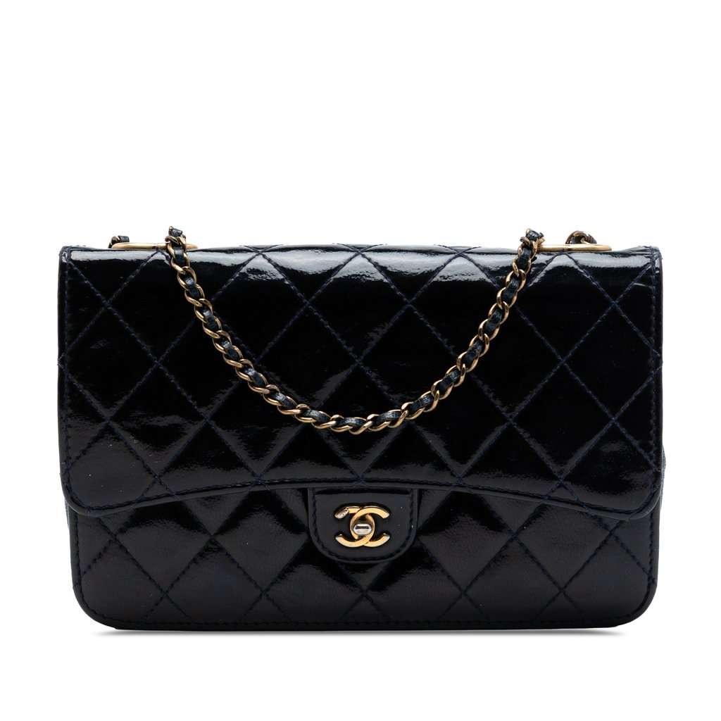 Chanel Quilted Patent and Goatskin CC Eyelet Wallet On Chain Blue Leather Very good condition - Front View