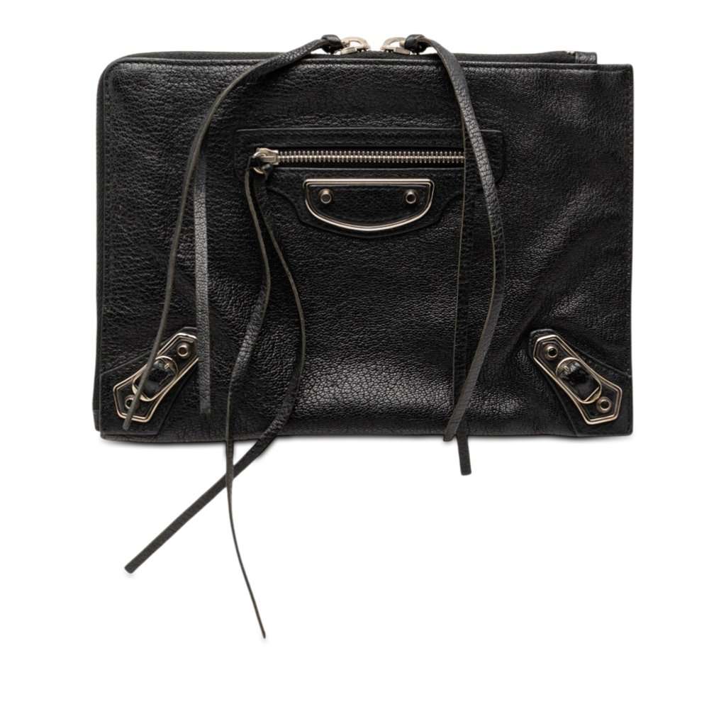 Balenciaga Chevre Motocross Classic Metallic Edge Clutch Black Leather Very good condition - Front View
