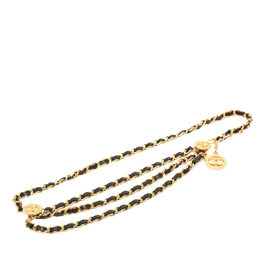 Chanel Gold Plated Leather Woven Chain Medallion Belt Gold Metal Very good condition - Front View