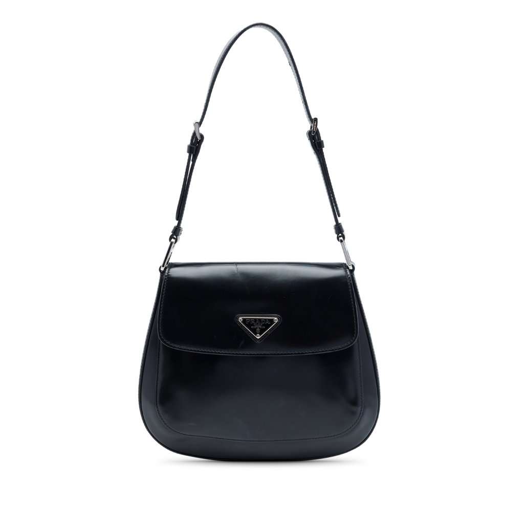 Prada Spazzolato Leather Cleo Flap Shoulder Bag Black Leather Very good condition - Front View