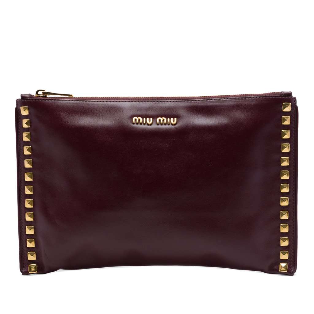 Miu Miu Studded Leather Zip Clutch Red Leather Very good - Front View