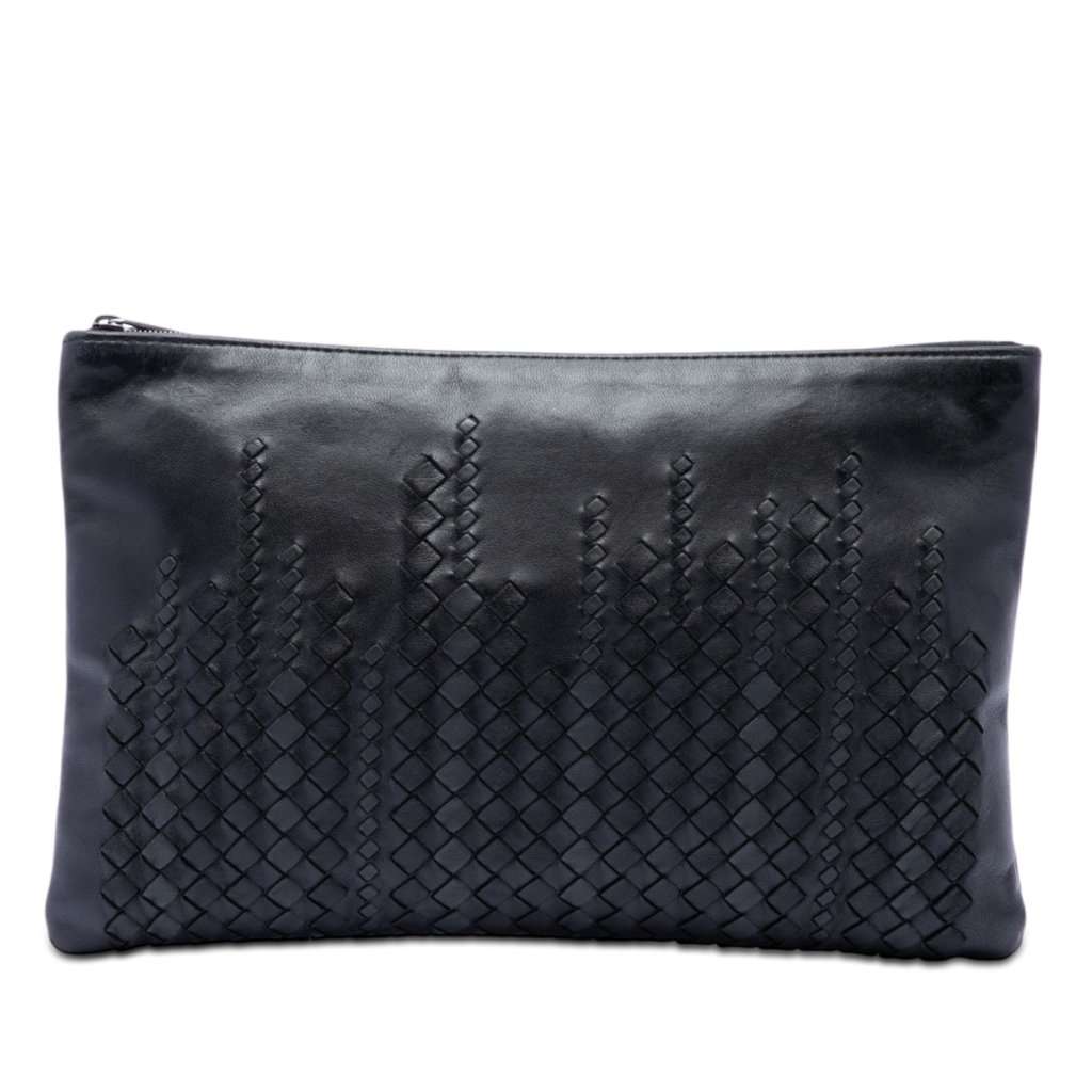 Bottega Veneta Intrecciato Trimmed Leather Clutch Black Leather Very good condition - Front View