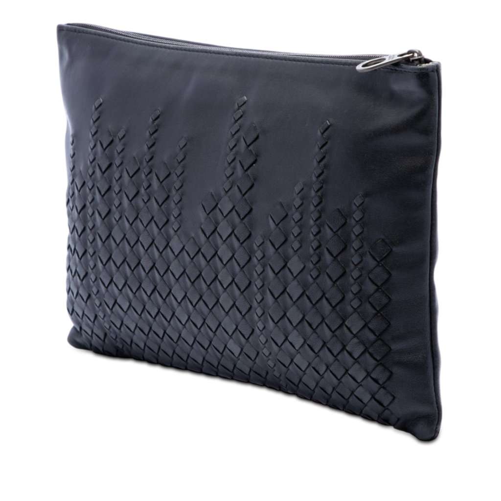 Bottega Veneta Intrecciato Trimmed Leather Clutch Black Leather Very good condition - Back View