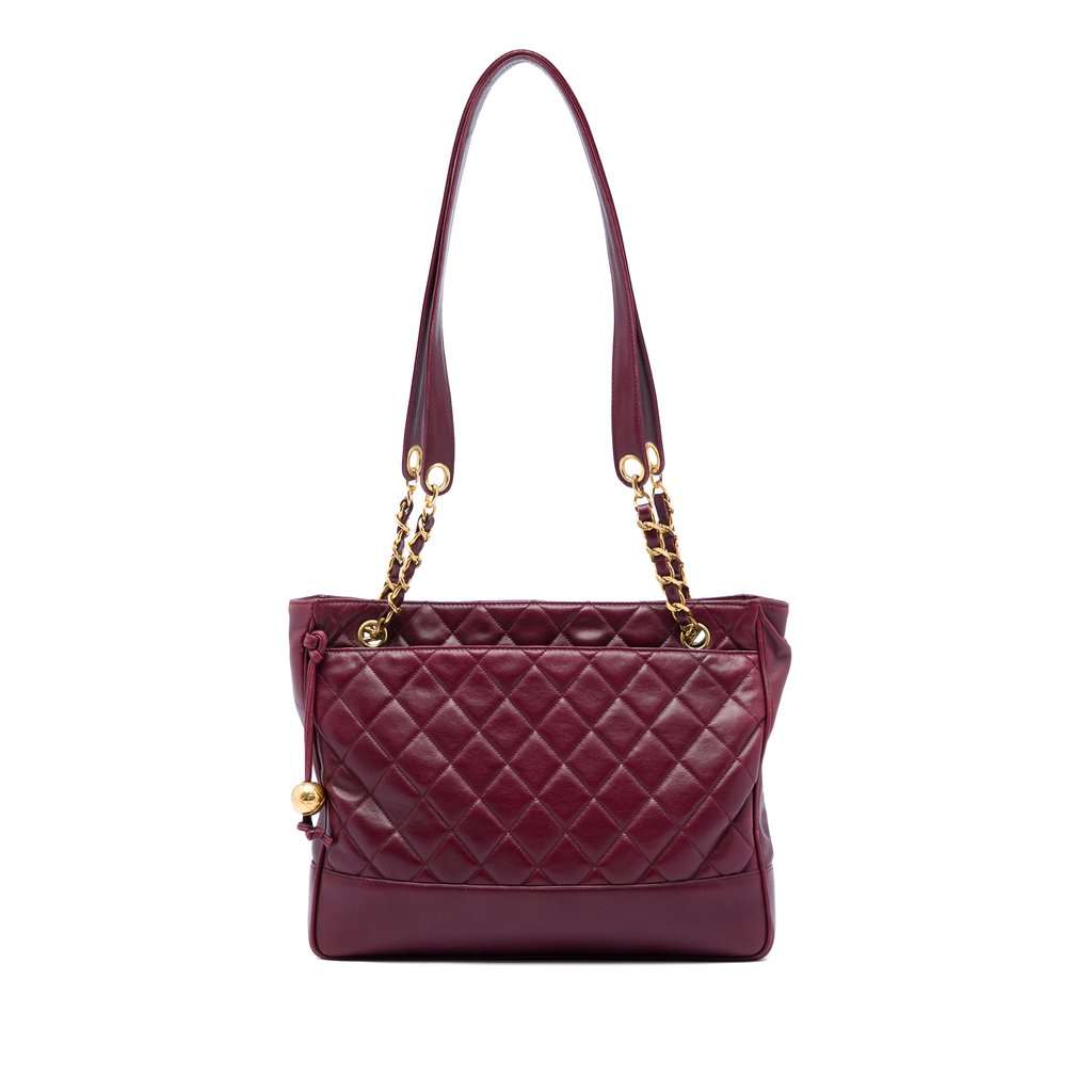 Chanel Quilted Lambskin Coco Ball Chain Tote Red Leather Very good - Front View