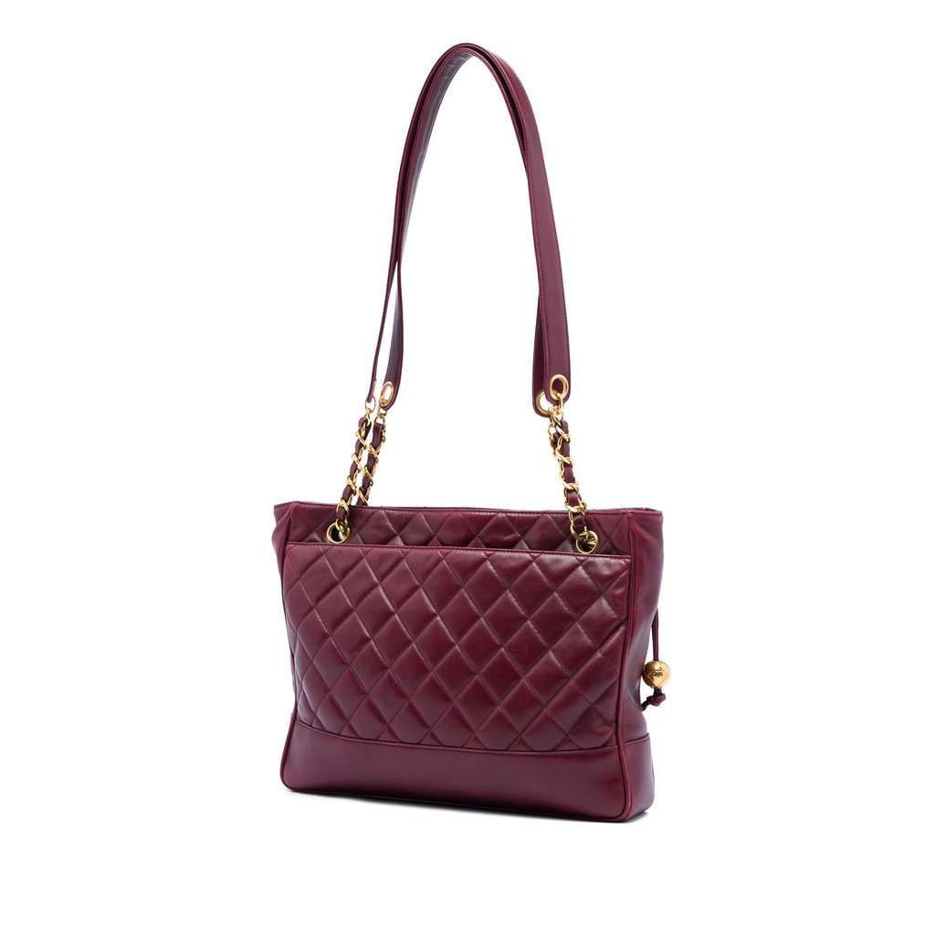 Chanel Quilted Lambskin Coco Ball Chain Tote Red Leather Very good - Back View
