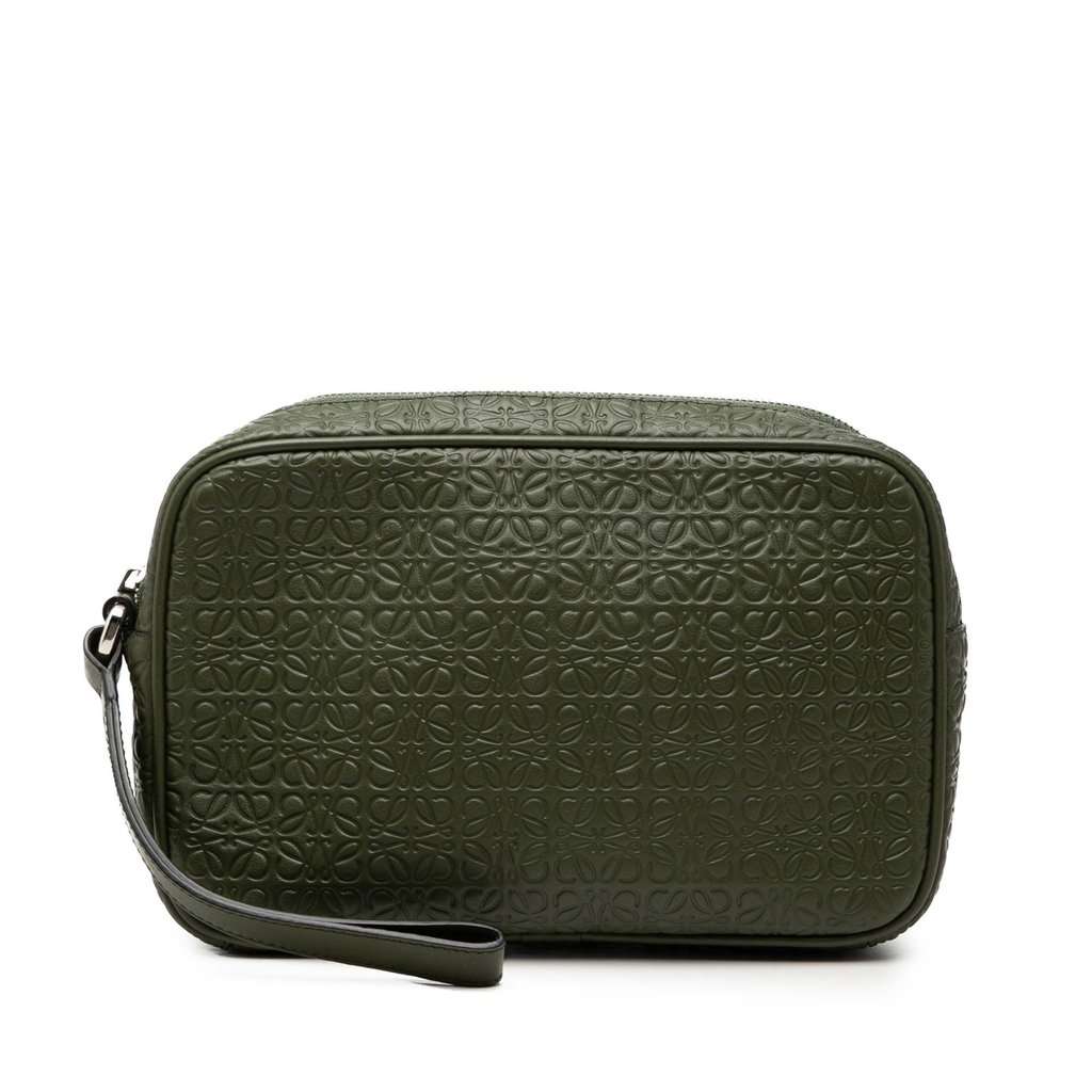 Loewe Embossed Anagram Leather Wristlet Pouch Green Leather Very good condition - Front View