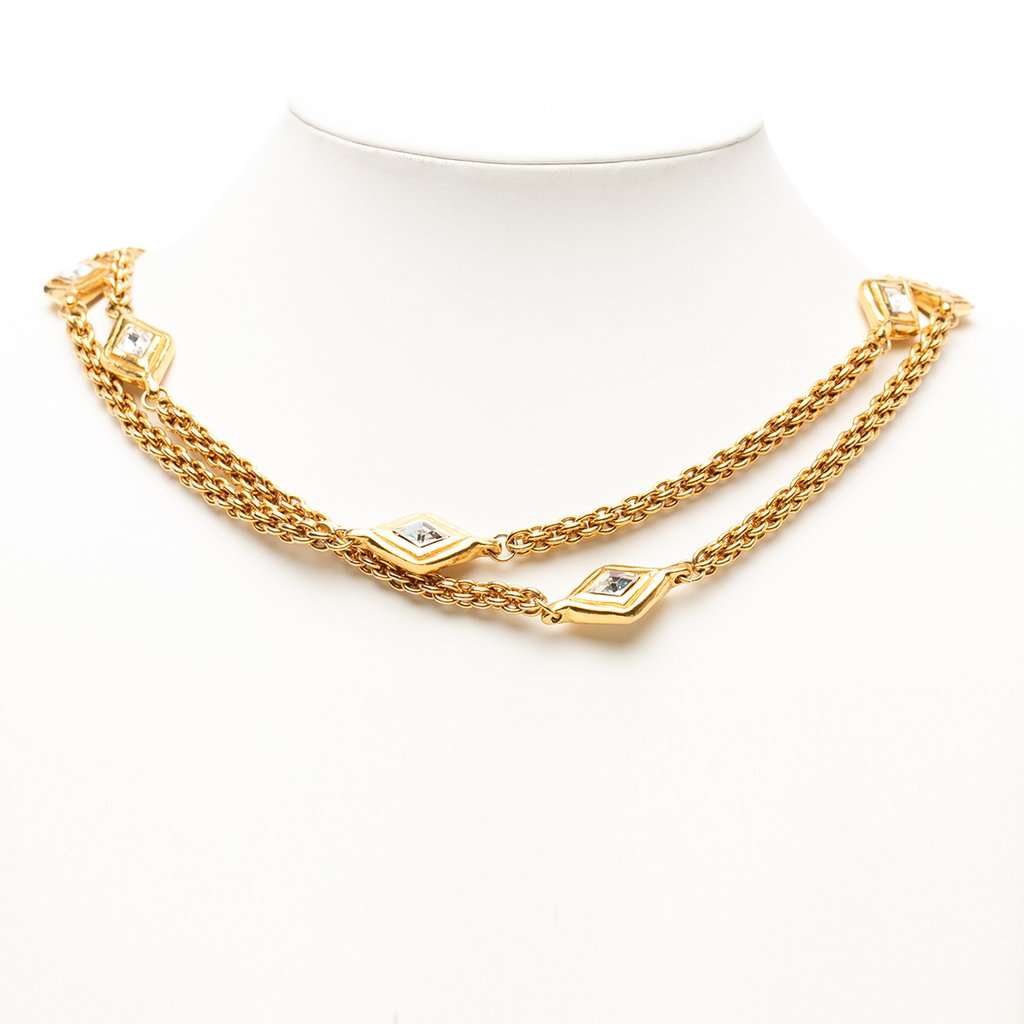 Chanel Gold Plated Diamond Strass Station Chain Long Necklace Gold Metal Very good condition - Box View
