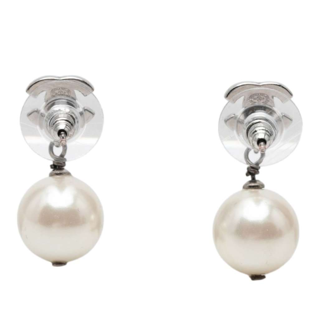 Chanel CC Brass Strass and Faux Pearl Drop Bullet Back Earrings Silver Metal Very good condition - Back View