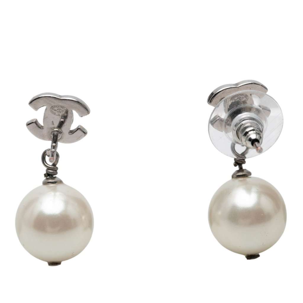 Chanel CC Brass Strass and Faux Pearl Drop Bullet Back Earrings Silver Metal Very good condition - Inside View