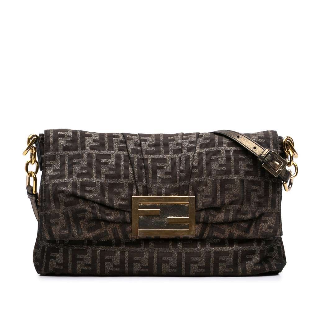 Fendi Large Zucca Canvas Glitter Mia Flap Shoulder Bag Brown Very good condition - Front View