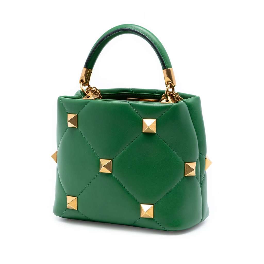 Valentino Small Nappa Roman Stud The Handle Bag Green Leather Very good condition - Back View