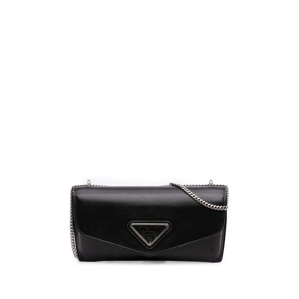 Prada Calfskin Envelope Clutch With Chain Black Leather Very good - Front View