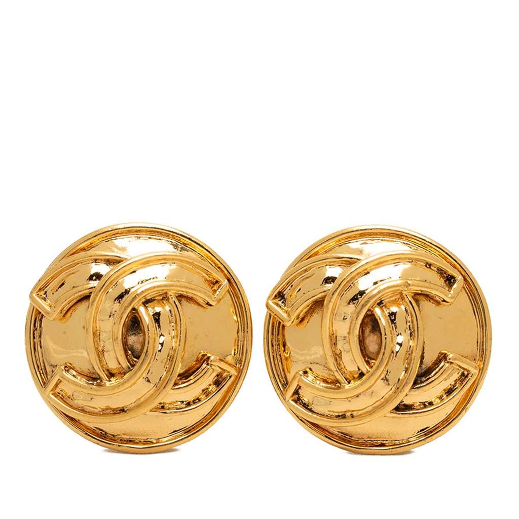 Chanel CC Gold Plated Button Clip On Earrings Gold Metal Very good - Front View
