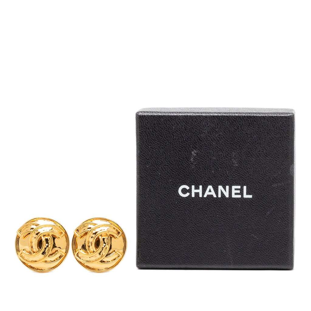 Chanel CC Gold Plated Button Clip On Earrings Gold Metal Very good - Model View
