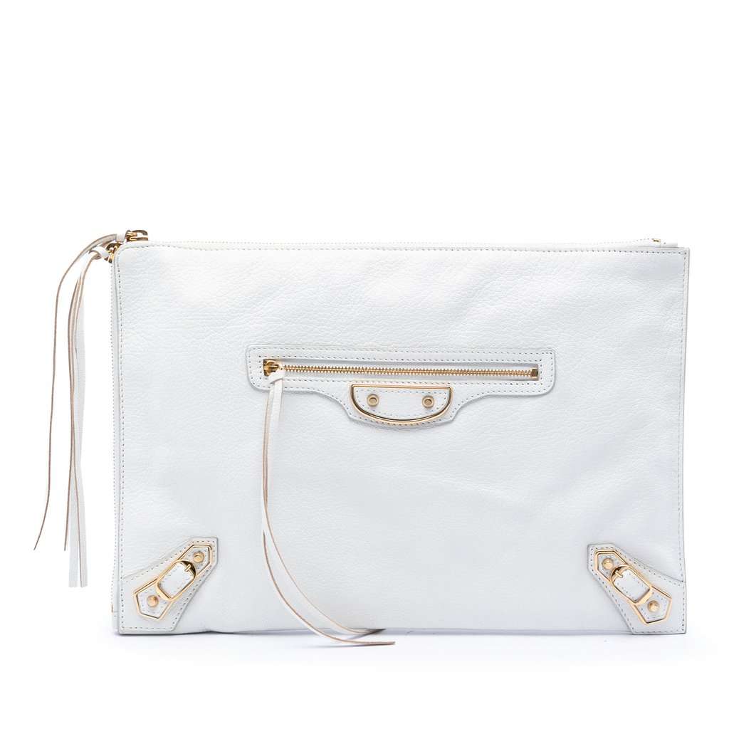 Balenciaga Chevre Motocross Classic Metallic Edge Clutch White Leather Very good condition - Front View