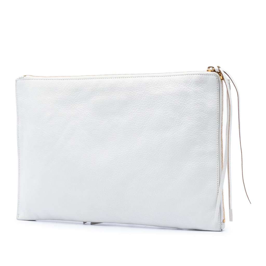 Balenciaga Chevre Motocross Classic Metallic Edge Clutch White Leather Very good condition - Back View