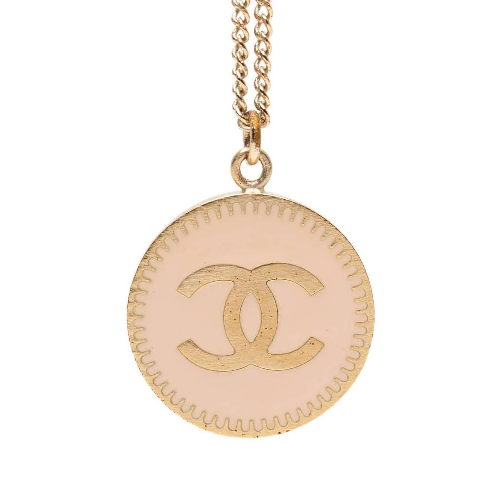 Chanel CC Gold Plated Enamel Round Pendant Necklace Gold Metal Very good - Front View
