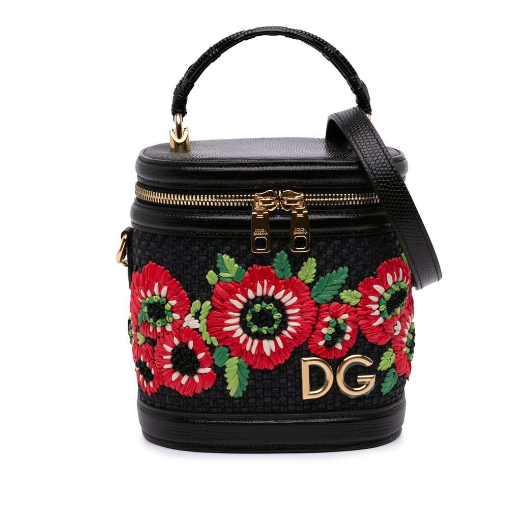 Dolce & Gabbana Floral Embroidered Raffia and Lizard Embossed Calfskin DG Girls Vanity Bag Black Very good - Front View