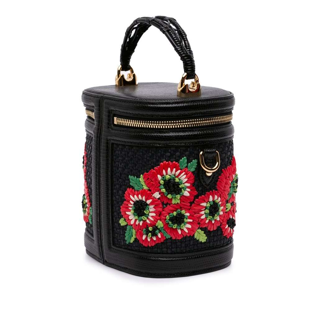 Dolce & Gabbana Floral Embroidered Raffia and Lizard Embossed Calfskin DG Girls Vanity Bag Black Very good - Back View