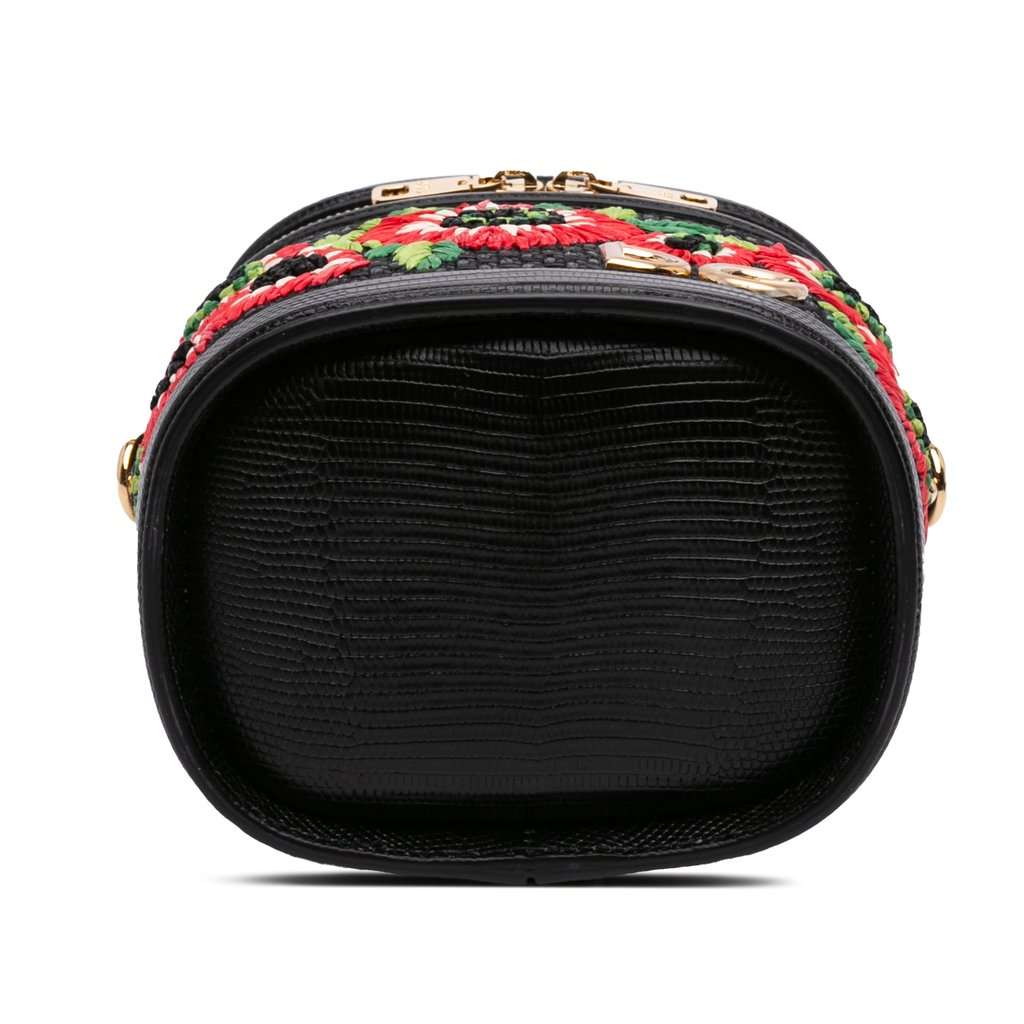 Dolce & Gabbana Floral Embroidered Raffia and Lizard Embossed Calfskin DG Girls Vanity Bag Black Very good - Inside View