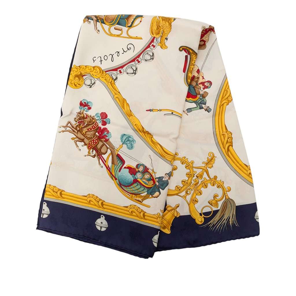Hermès Plumes et Grelots Silk Scarf 90 White Very good condition - Front View