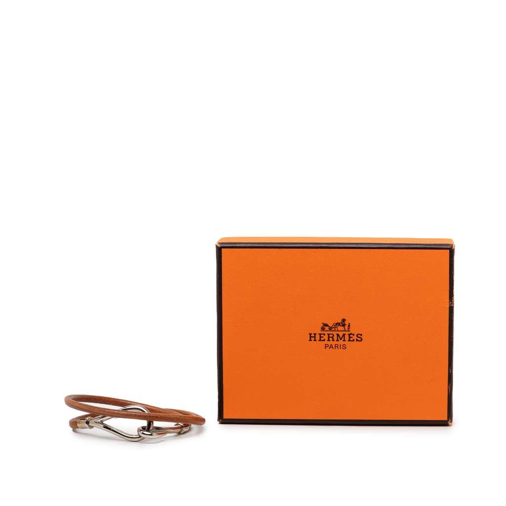 Hermès Leather and Palladium Plated Jumbo Hook Double Tour Bracelet Brown Leather Very good - Box View