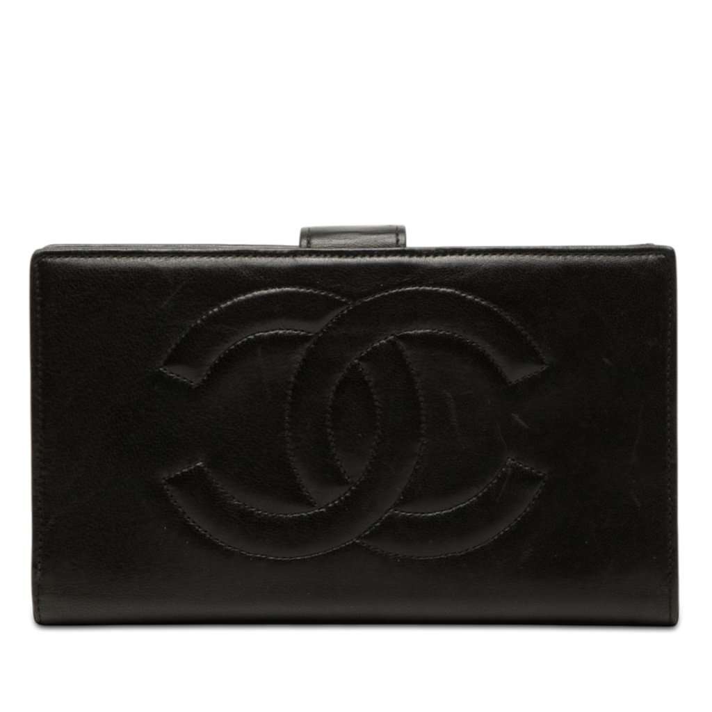 Chanel CC Lambskin Bifold Long Wallet Black Leather Very good condition - Front View
