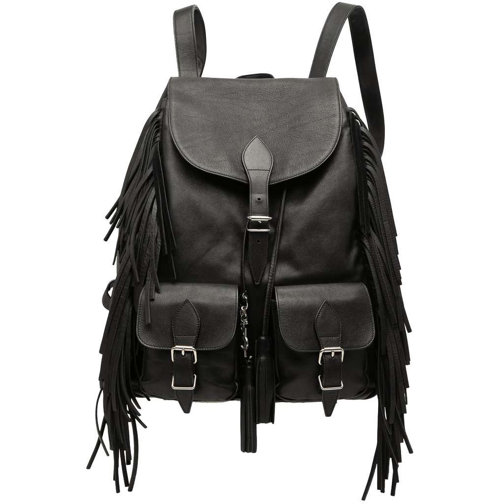 Saint Laurent Calfskin Fringe Festival Backpack Black Leather Good - Front View