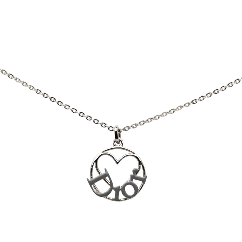 Dior Brass Heart Logo Pendant Necklace Silver Metal Very good condition - Front View