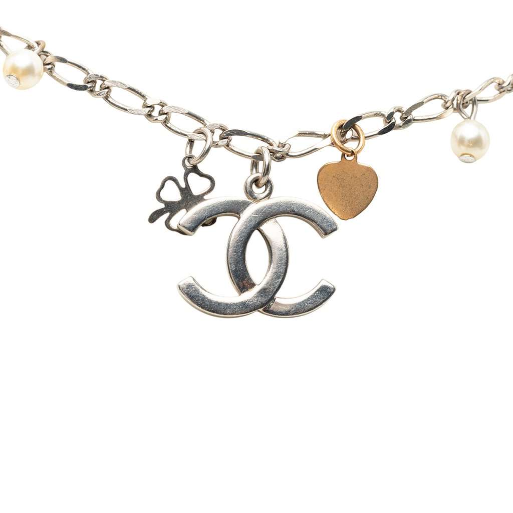 Chanel CC Brass and Gold Plated Faux Pearl Lucky Charm Necklace Silver Metal Very good - Back View