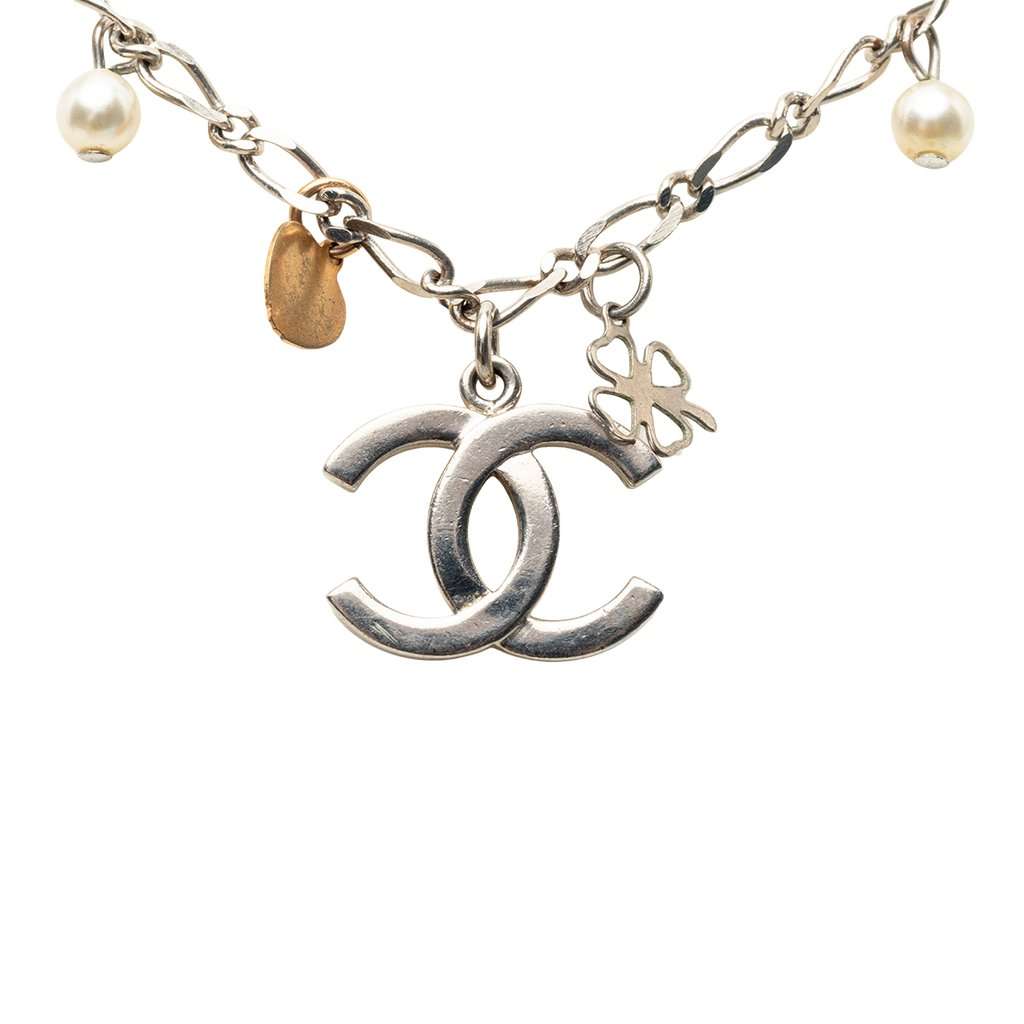 Chanel CC Brass and Gold Plated Faux Pearl Lucky Charm Necklace Silver Metal Very good - Inside View
