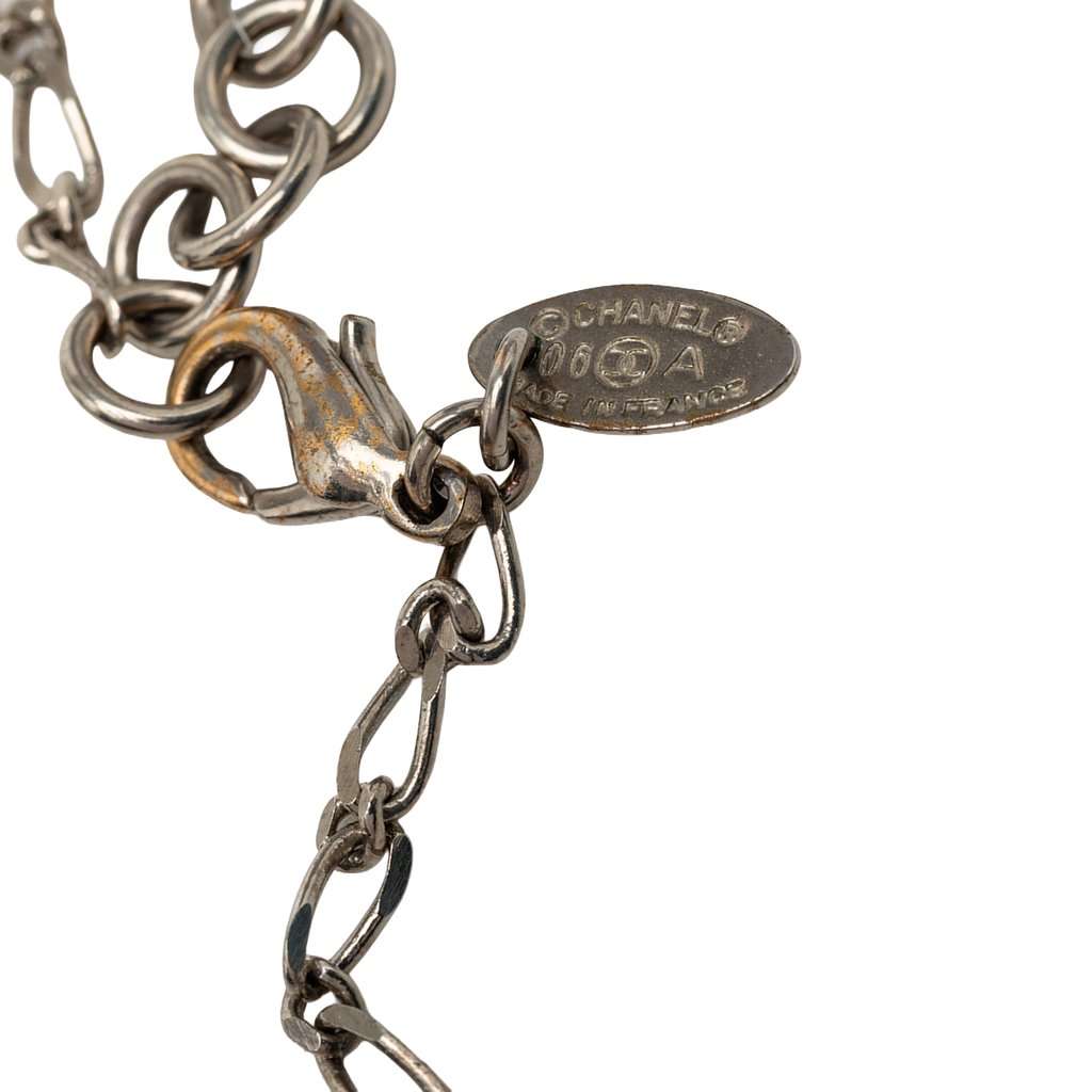 Chanel CC Brass and Gold Plated Faux Pearl Lucky Charm Necklace Silver Metal Very good - Model View