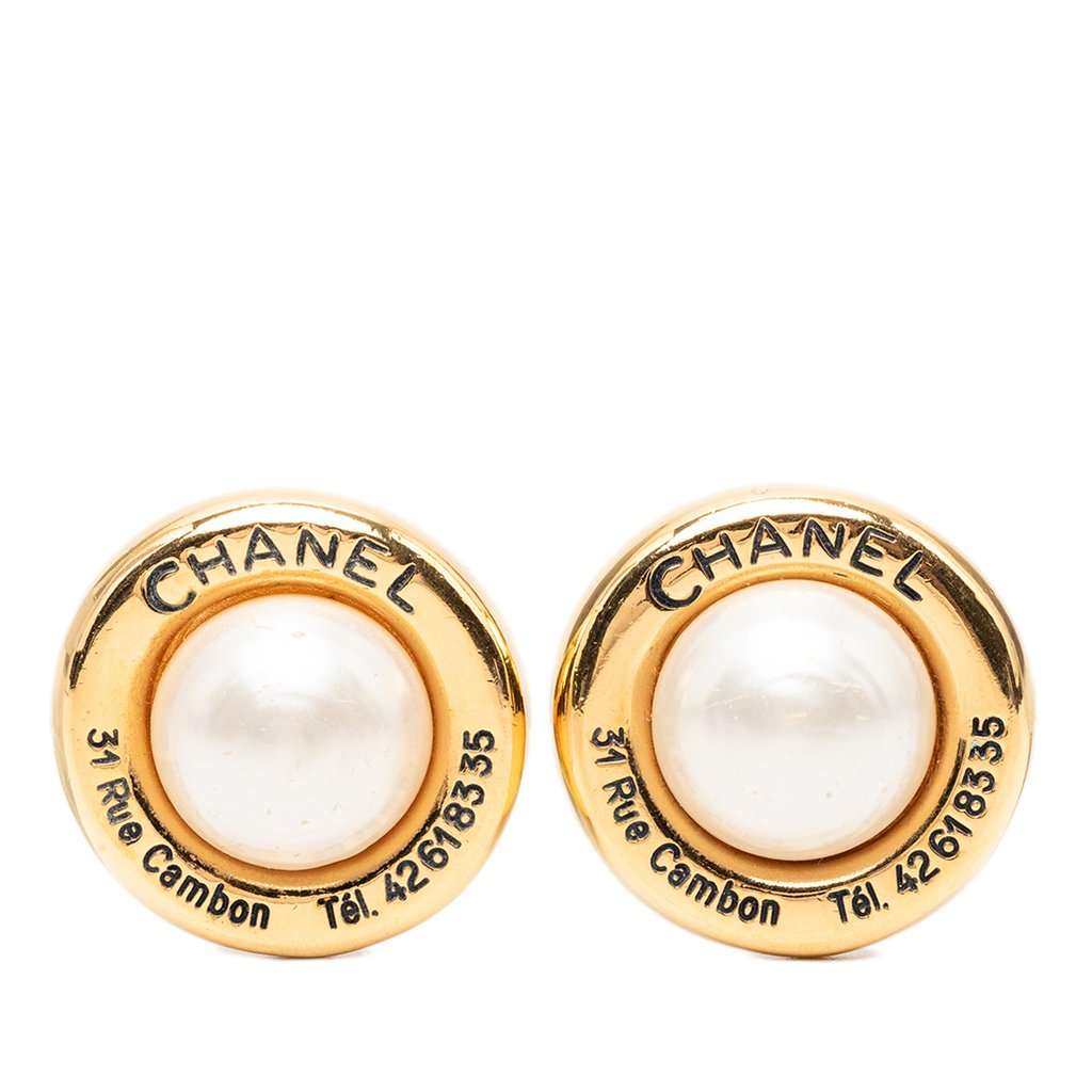 Chanel Gold Plated Faux Pearl 31 Rue Cambon Round Clip On Earrings Gold Metal Very good - Front View