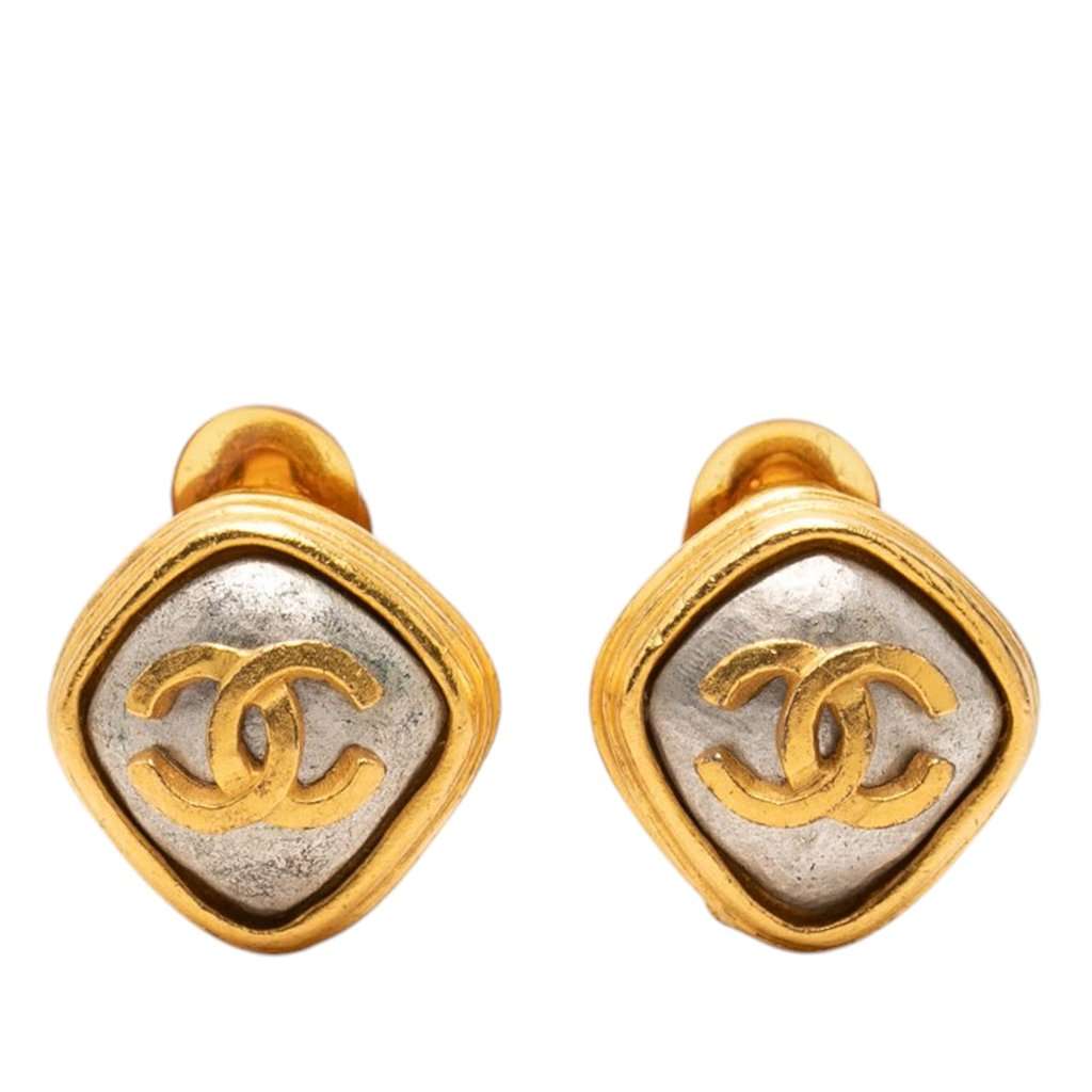 Chanel CC Gold and Silver Plated Rhombus Clip On Earrings Gold Metal Very good condition - Front View