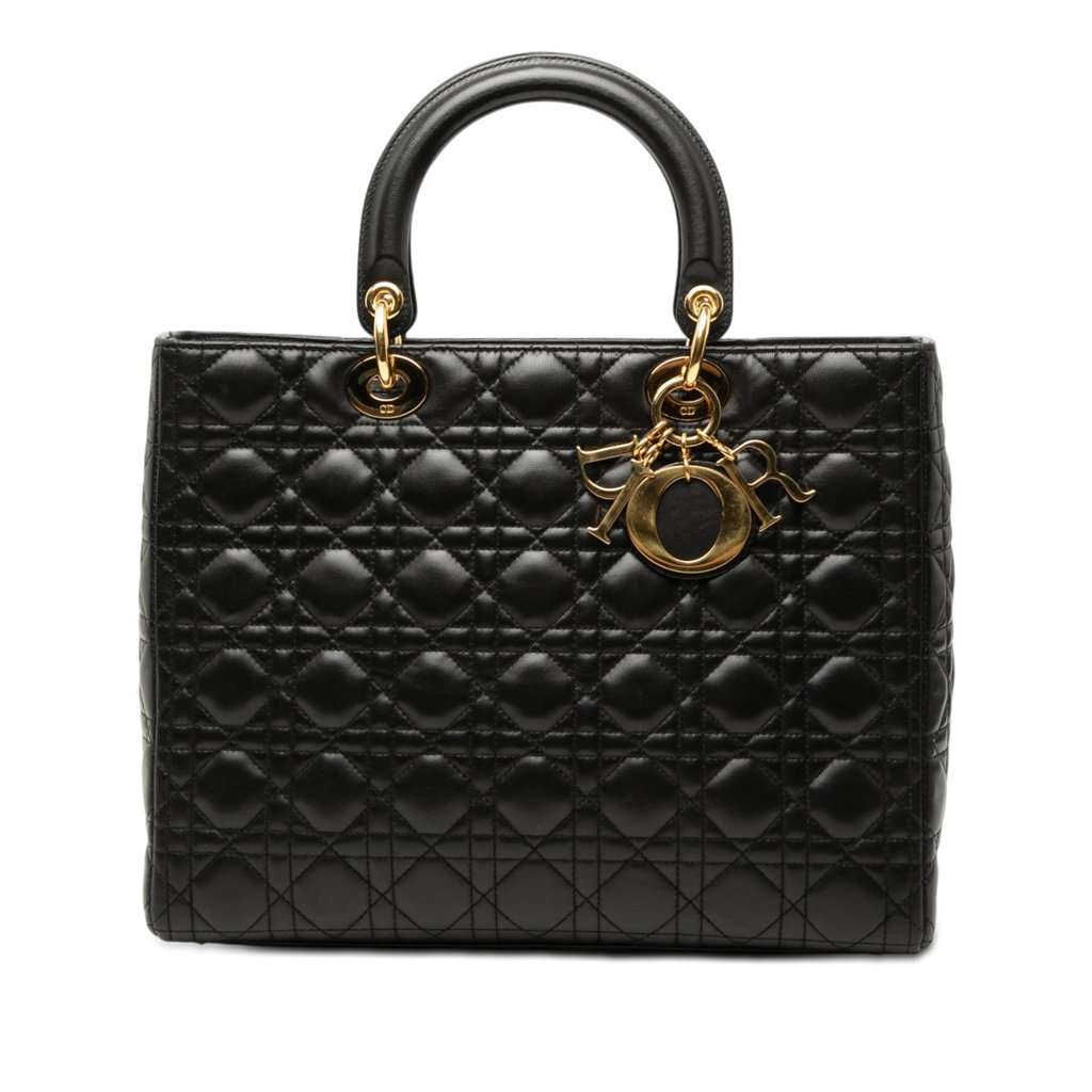 Dior Large Lambskin Cannage Lady Dior Black Leather Very good condition - Front View