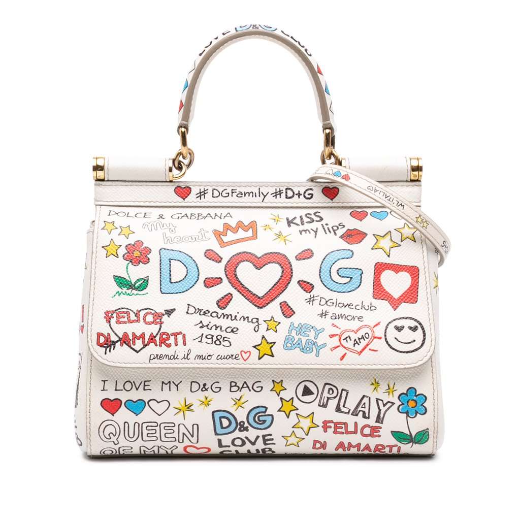 Dolce & Gabbana Small Dauphine Graffiti Printed Leather Miss Sicily Satchel White Leather Very good - Front View