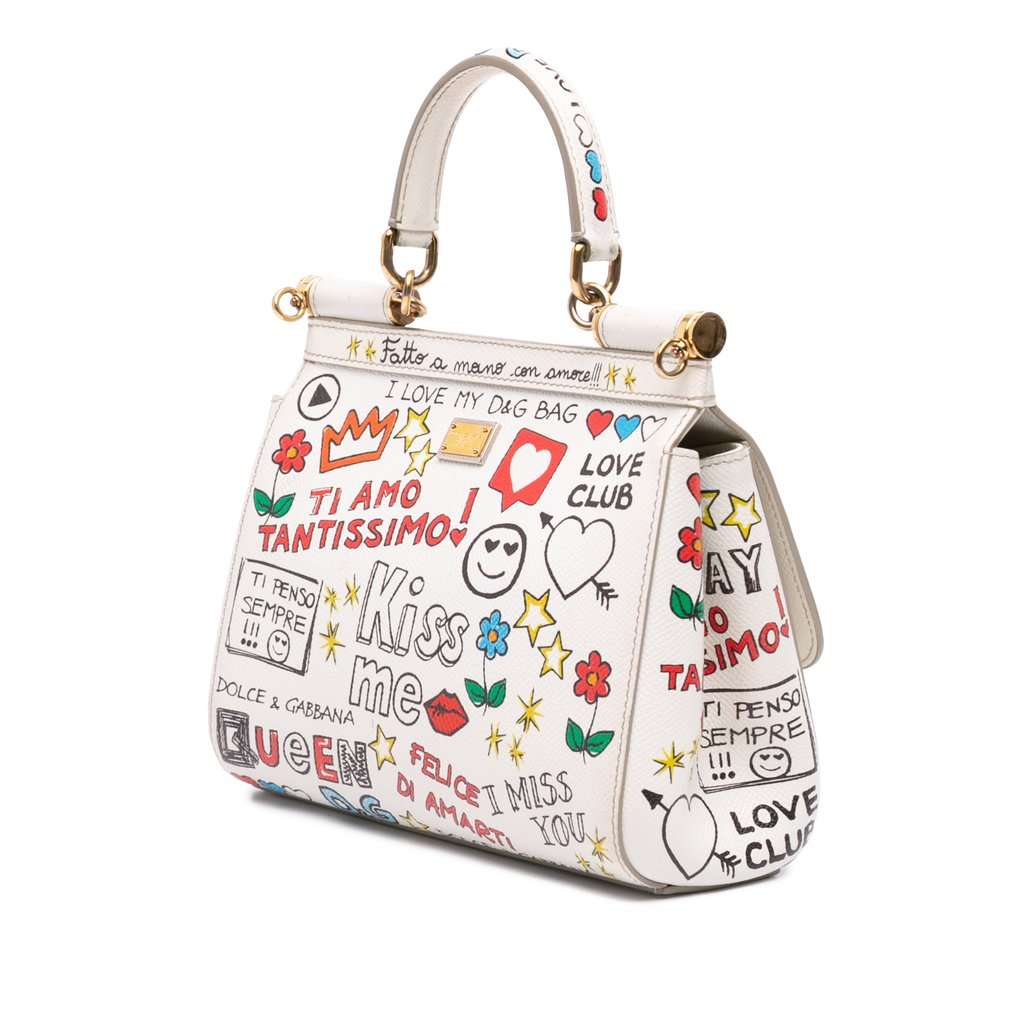 Dolce & Gabbana Small Dauphine Graffiti Printed Leather Miss Sicily Satchel White Leather Very good - Back View