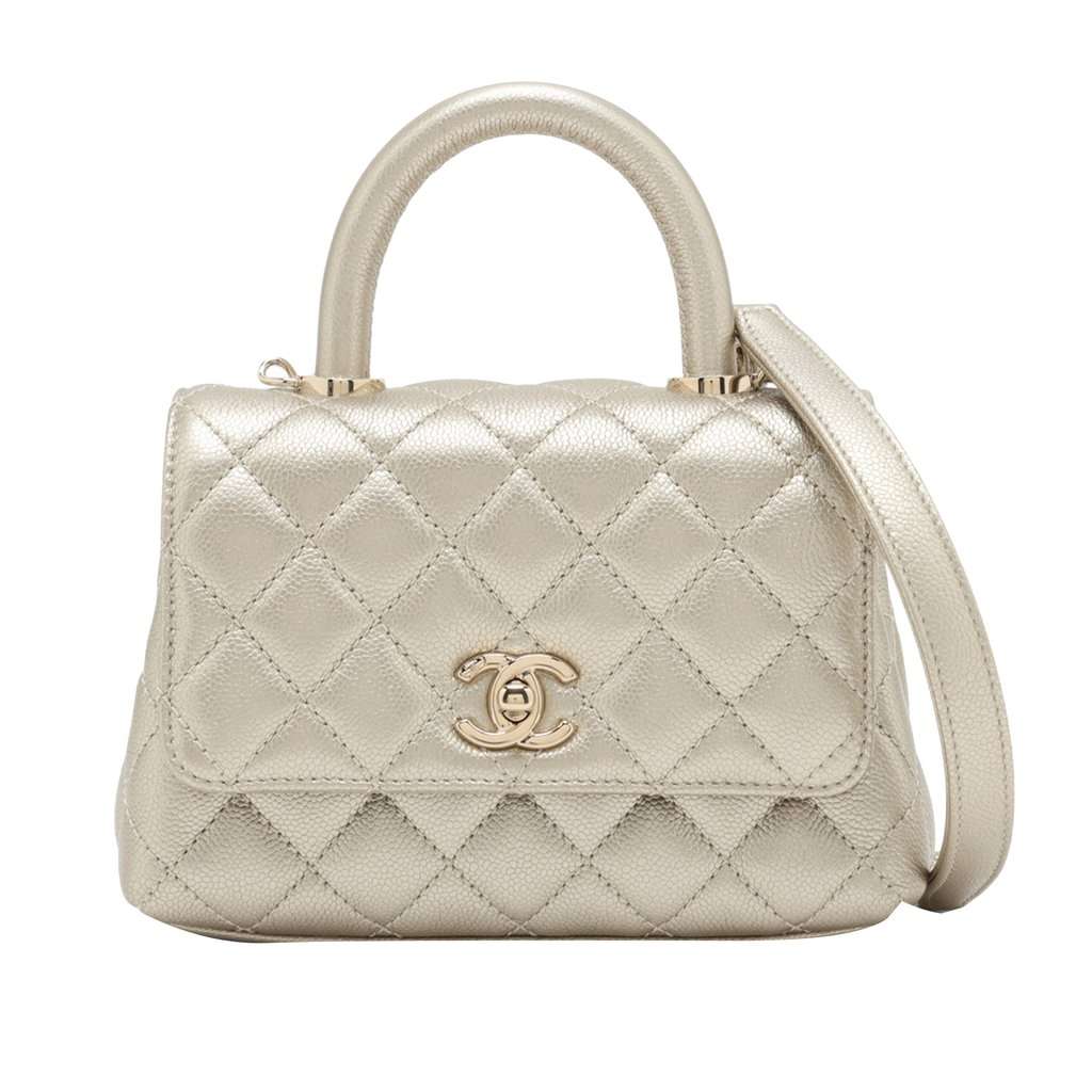Chanel Mini Quilted Caviar Coco Top Handle Bag Gold Leather Never worn - Front View