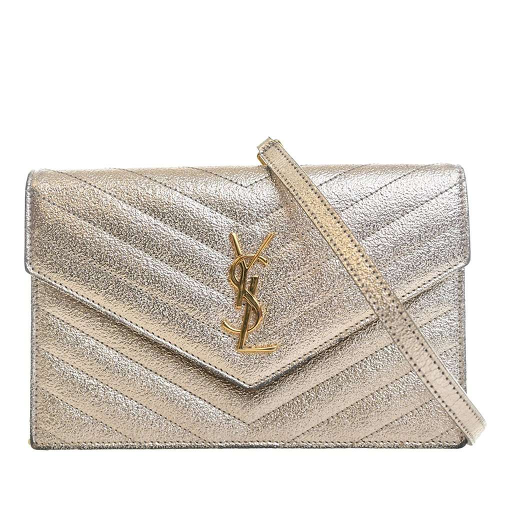 Saint Laurent Metallic Crackled Chevron Calfskin Monogram Envelope Chain Wallet Gold Leather Very good - Front View